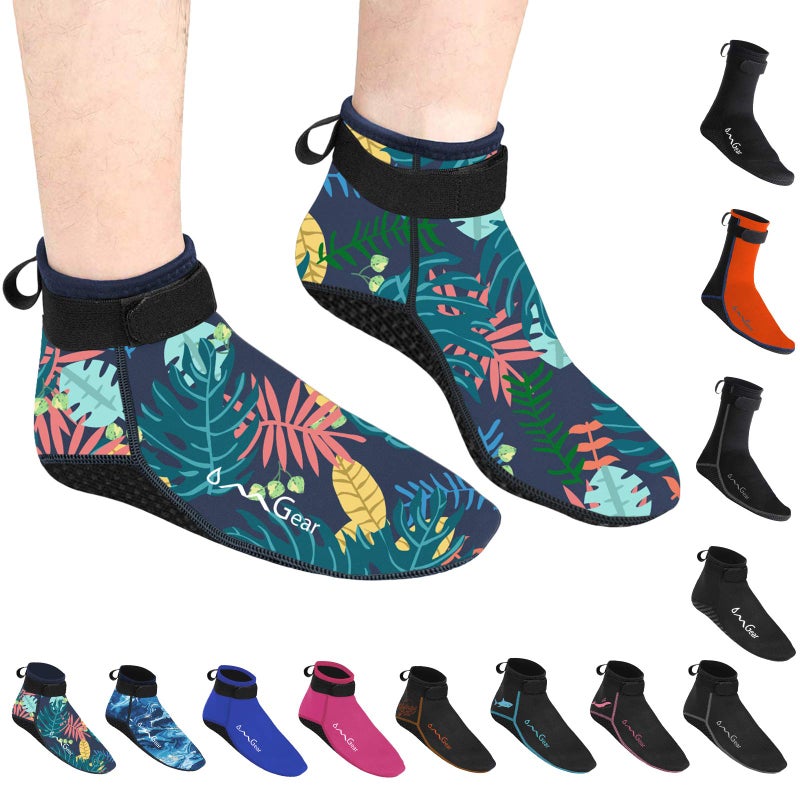 OMGear Water Socks Neoprene Socks Beach Booties Shoes 3mm Glued Blind Stitched AntiSlip Wetsuit Boots Fin Swim Socks 3mm Low CutLeaf SMen 67Women 68
