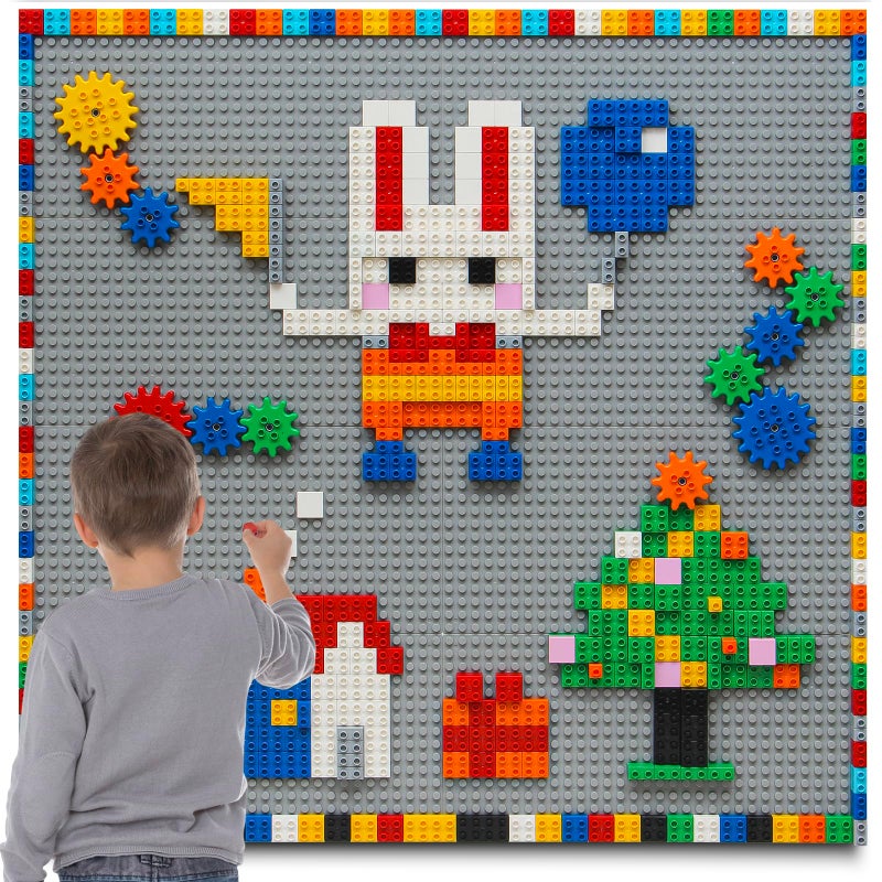 MIMAX Customize Building Block Wall 470 PCS Activity Wall Mount Toys Bricks with Self Adhesive Baseplate 8PCS 20x10 for All Major Brands Art Build On Table Wall Gray - Image 3