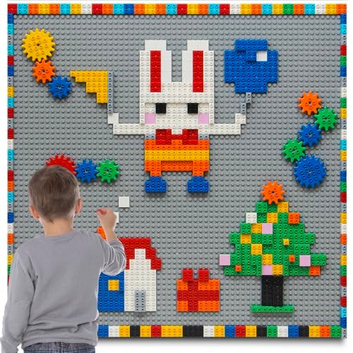 MIMAX Customize Building Block Wall 470 PCS Activity Wall Mount Toys Bricks with Self Adhesive Baseplate 8PCS 20x10 for All Major Brands Art Build On Table Wall Gray - Image 1