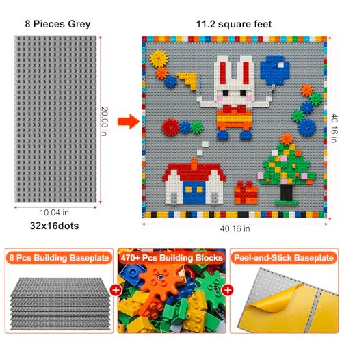 MIMAX Customize Building Block Wall 470 PCS Activity Wall Mount Toys Bricks with Self Adhesive Baseplate 8PCS 20x10 for All Major Brands Art Build On Table Wall Gray - Image 5