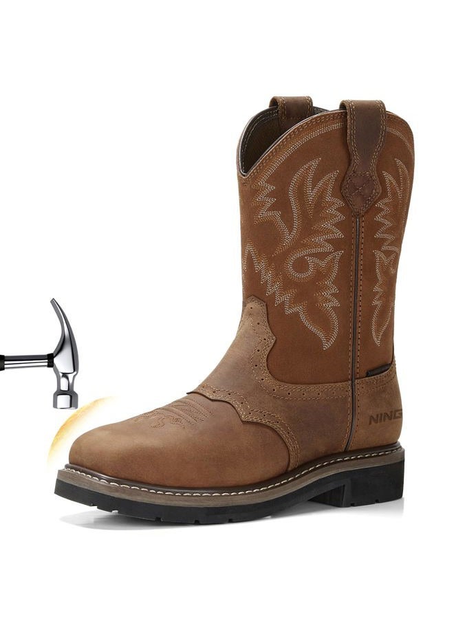 Hisea NINGO Steel Toe Work Boots for Men, Waterproof Slip on Square Toe Western Cowboy Boots, Comfortable Soft Toe Pull on Safety Work Shoes for Construction Industrial Working Welding Riding, Brown - Image 1