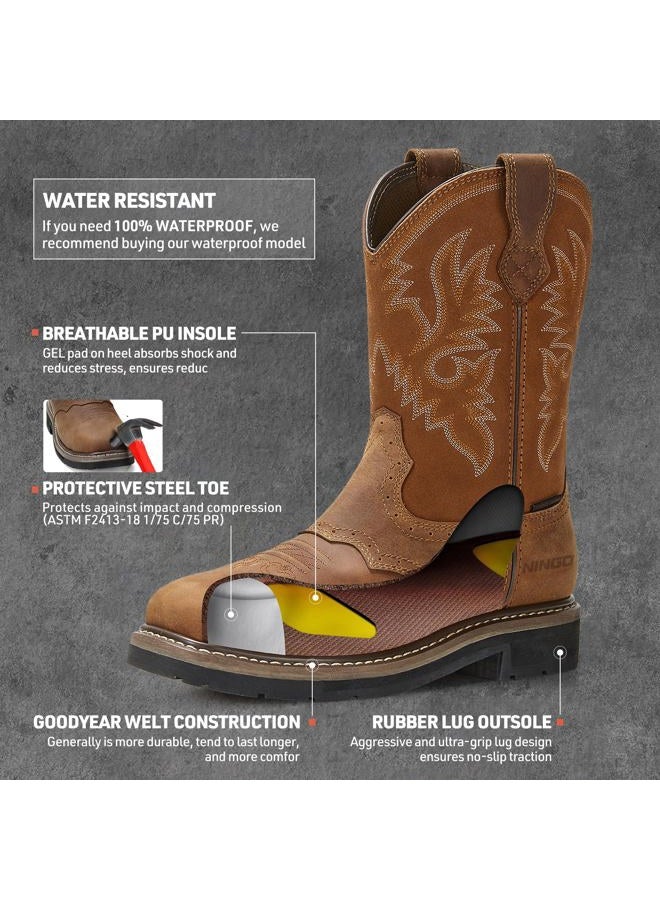 Hisea NINGO Steel Toe Work Boots for Men, Waterproof Slip on Square Toe Western Cowboy Boots, Comfortable Soft Toe Pull on Safety Work Shoes for Construction Industrial Working Welding Riding, Brown - Image 4