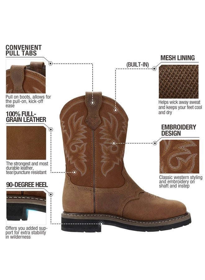 Hisea NINGO Steel Toe Work Boots for Men, Waterproof Slip on Square Toe Western Cowboy Boots, Comfortable Soft Toe Pull on Safety Work Shoes for Construction Industrial Working Welding Riding, Brown - Image 3