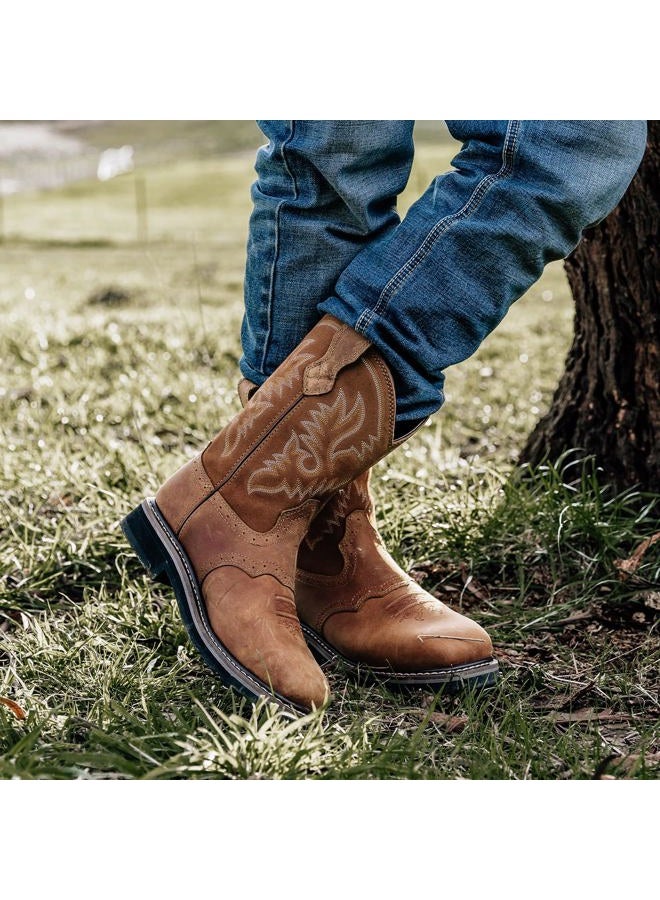 Hisea NINGO Steel Toe Work Boots for Men, Waterproof Slip on Square Toe Western Cowboy Boots, Comfortable Soft Toe Pull on Safety Work Shoes for Construction Industrial Working Welding Riding, Brown - Image 2