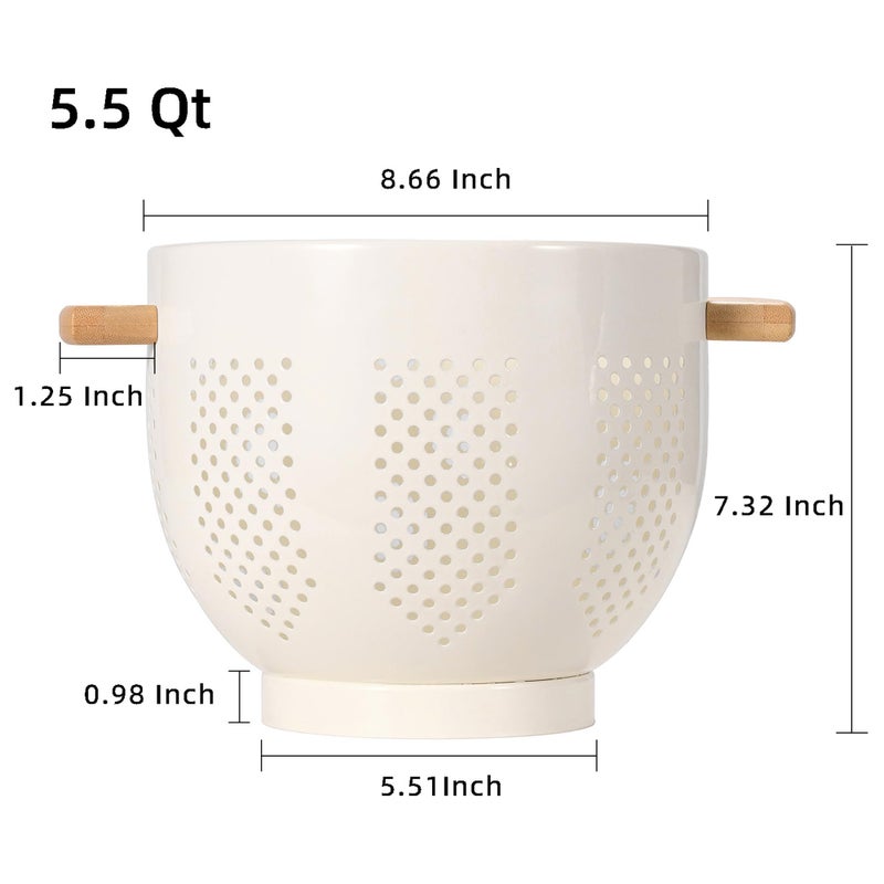 BeFare Metal Colander with Wood Handle and Stable Base, 5.5 Quart Powder Coated Steel Kitchen Strainer Basket for Draining Pasta, Vegetable and fruit,Cream - Image 2
