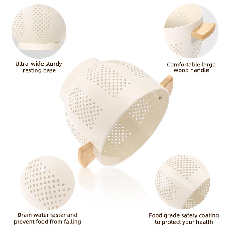 BeFare Metal Colander with Wood Handle and Stable Base, 5.5 Quart Powder Coated Steel Kitchen Strainer Basket for Draining Pasta, Vegetable and fruit,Cream - Image 5