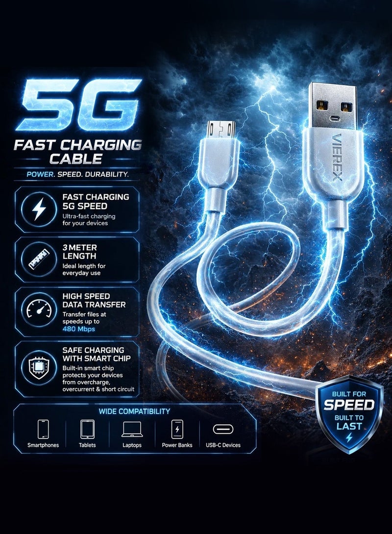 Vierex VC-3 Fast Charging Micro USB Cable 2.4A USB 480Mbps Data & Sync Cable for Android Devices, 3m - Image 2