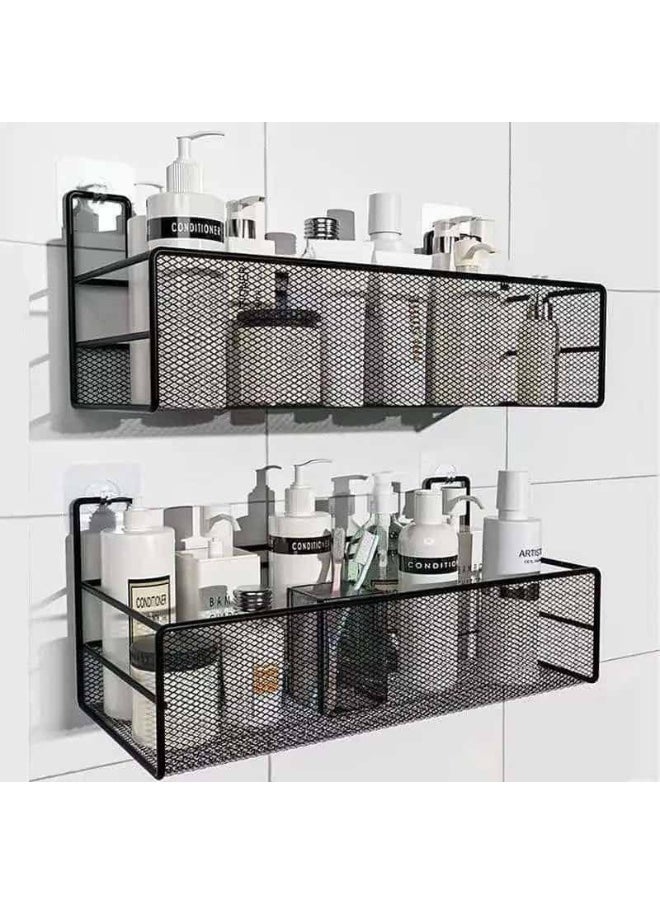 Rust-Proof Metal Mesh Shower Wall Shelf - No Drilling or Nails | Large Size 35 x 14 cm - Elegant Black Color N