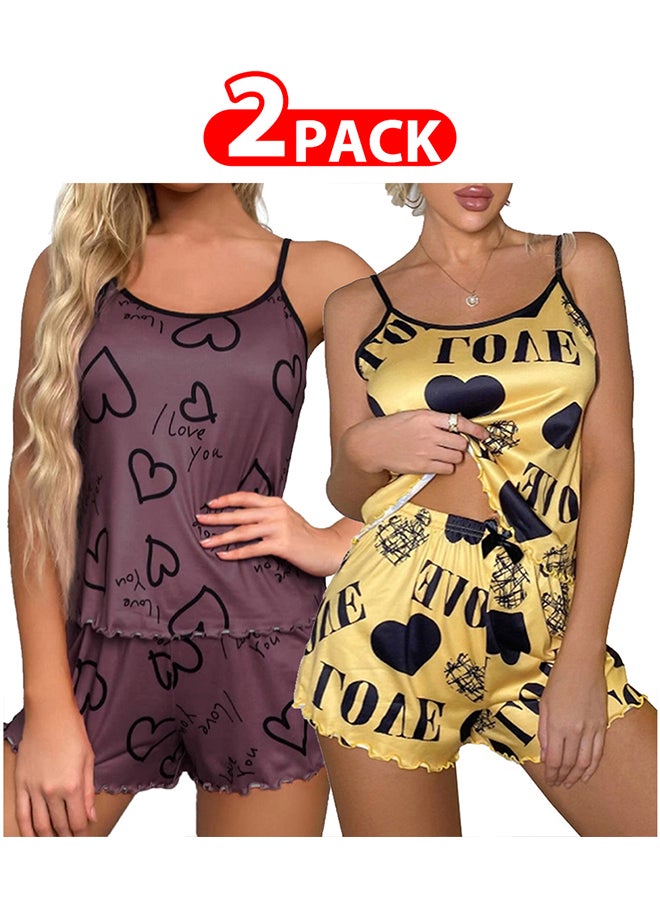 MARGOUN 2 Pack Women's XL Size 2 Pieces Heart Graphic Print Satin Lounge Set Sleeveless Binding Trim Cami Top and Shorts Pajama Set /XL Bust:98cm Waist:80cm Pants Length:34cm