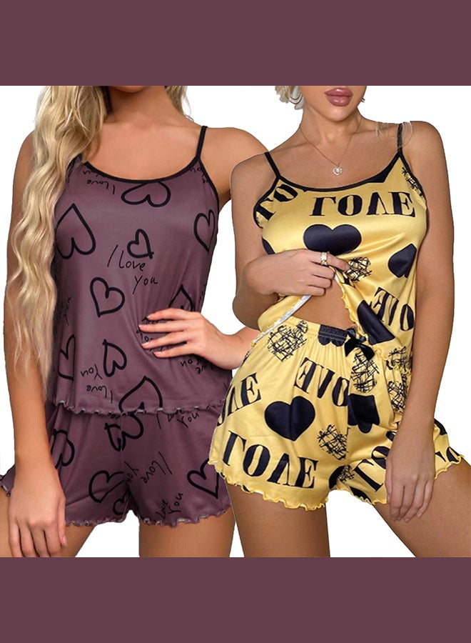 MARGOUN 2 Pack Women's XL Size 2 Pieces Heart Graphic Print Satin Lounge Set Sleeveless Binding Trim Cami Top and Shorts Pajama Set /XL Bust:98cm Waist:80cm Pants Length:34cm - Image 3