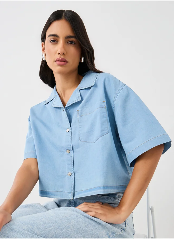 Styli Solid Notch Lapel Boxy Buttoned Top