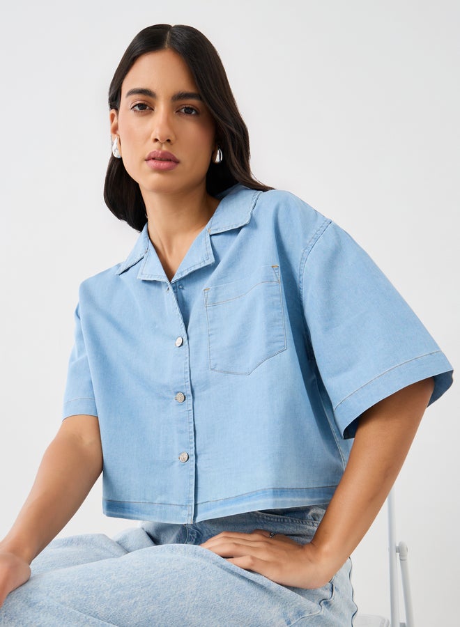 Styli Solid Notch Lapel Boxy Buttoned Top  - Image 1