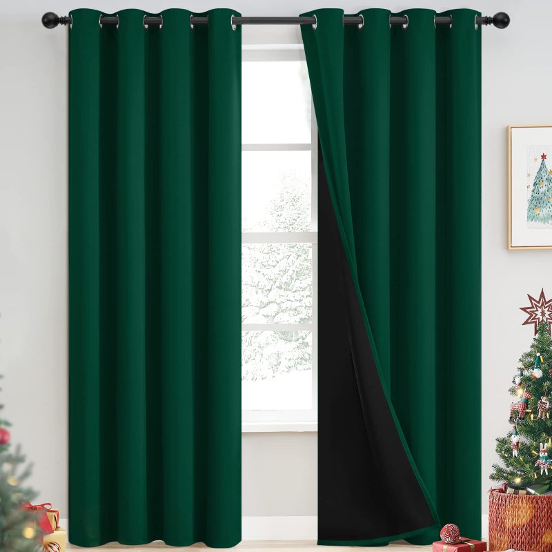 Yakamok 100 Blackout Curtains for Bedroom 84 Inch Length Emerald Green Total Light Blocking Drapes with Black Backing Thermal Insulated Solid Grommet Panels for Living Room 52Wx84L 2 Panels