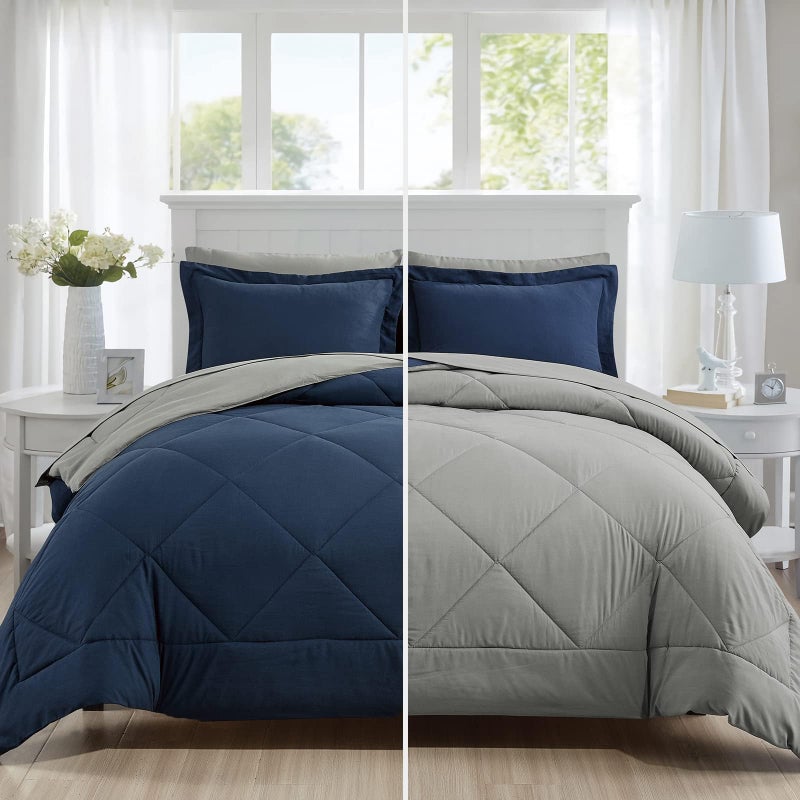 Furnishh Queen Comforter Set 7 Pieces Bed in a Bag FullQueen Reversible Bed Set with Comforter Flat Sheet Fitted Sheet Pillowcases Shams Navy Blue and Grey Bedding Sets for Queen Size Bed