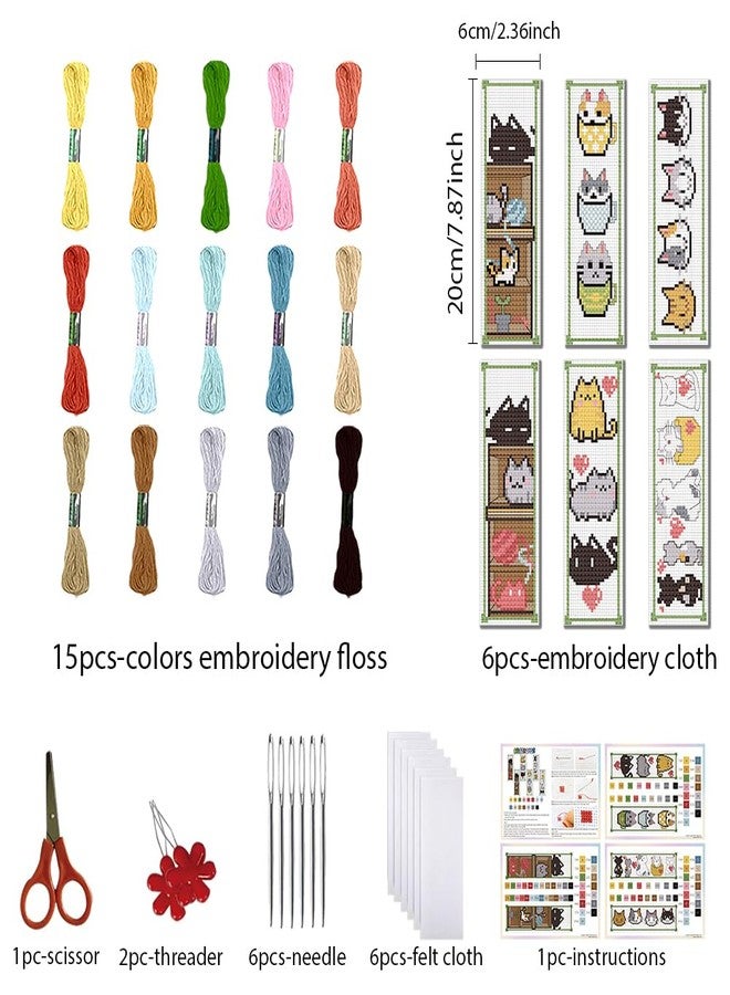 مجموعة فواصل كتب مطرزة برسومات قطط كرتونية من FREEBLOSS، 6 قطع، طقم تطريز متقاطع مع تعليمات، طقم تطريز للمبتدئين والبالغين، مقاس 8 بوصات × 2.4 بوصة - Image 2