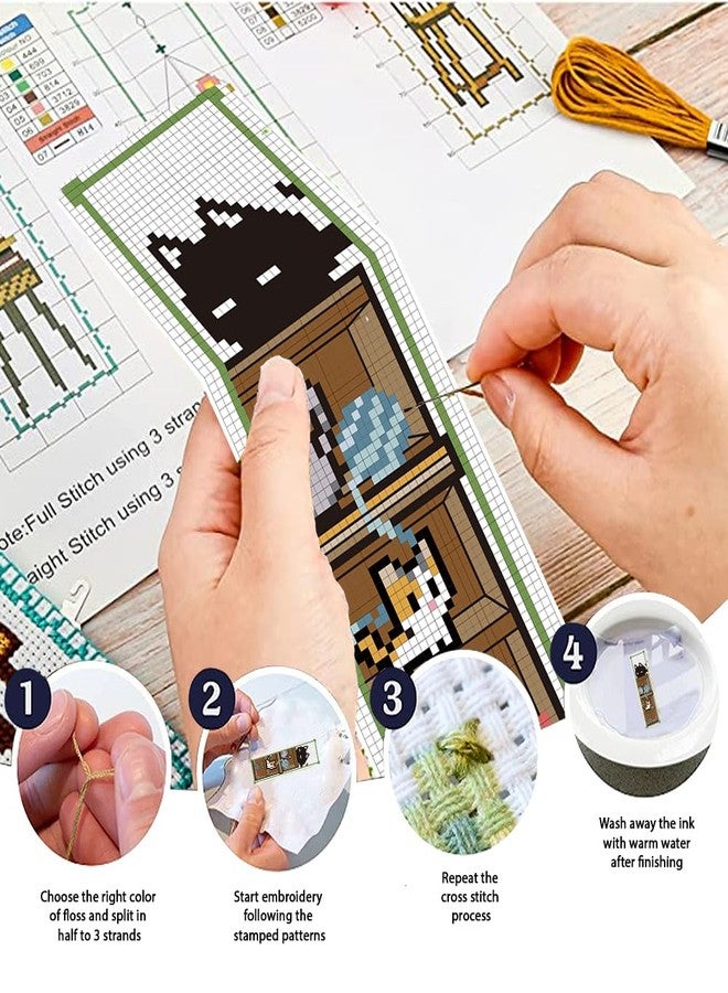مجموعة فواصل كتب مطرزة برسومات قطط كرتونية من FREEBLOSS، 6 قطع، طقم تطريز متقاطع مع تعليمات، طقم تطريز للمبتدئين والبالغين، مقاس 8 بوصات × 2.4 بوصة - Image 4
