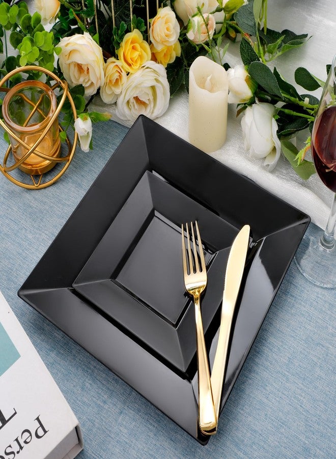 Liacere100PCS Black Plastic Plates-Premium Black Square Disposable Plates-Include 50PCS 9.5inch Dinner Plates - 50PCS 6inch Dessert Plates for Party&New Year&Halloween&Labor Day - Image 4