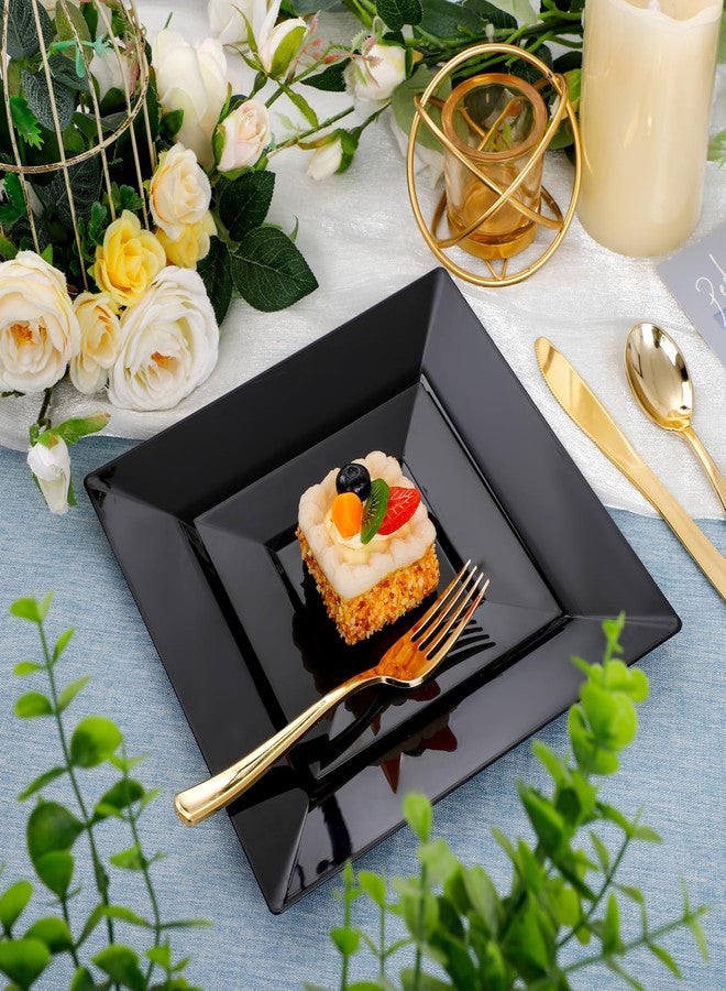 Liacere100PCS Black Plastic Plates-Premium Black Square Disposable Plates-Include 50PCS 9.5inch Dinner Plates - 50PCS 6inch Dessert Plates for Party&New Year&Halloween&Labor Day - Image 5