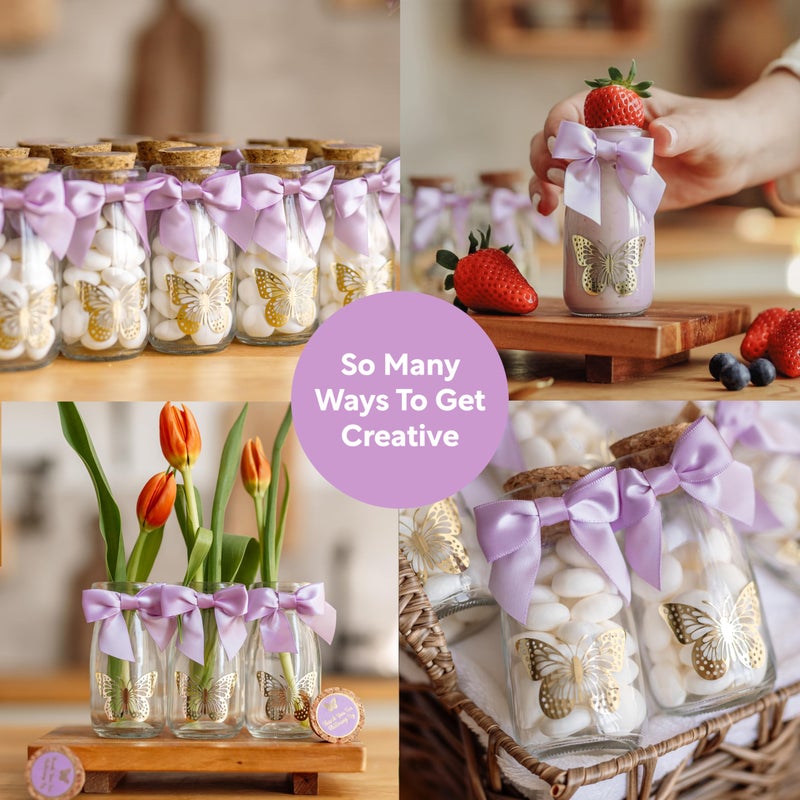 Ethisa Vintage 12 Pack Butterfly Party Favor Glass Bottles with Ribbons and Stickers - Classy Baby Shower and Birthday Favors for Guests and Table Centerpieces Decorations - Purple Theme Candy Jar - Image 4