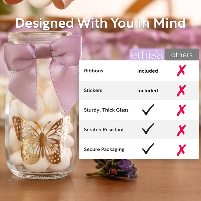 Ethisa Vintage 12 Pack Butterfly Party Favor Glass Bottles with Ribbons and Stickers - Classy Baby Shower and Birthday Favors for Guests and Table Centerpieces Decorations - Purple Theme Candy Jar - Image 5