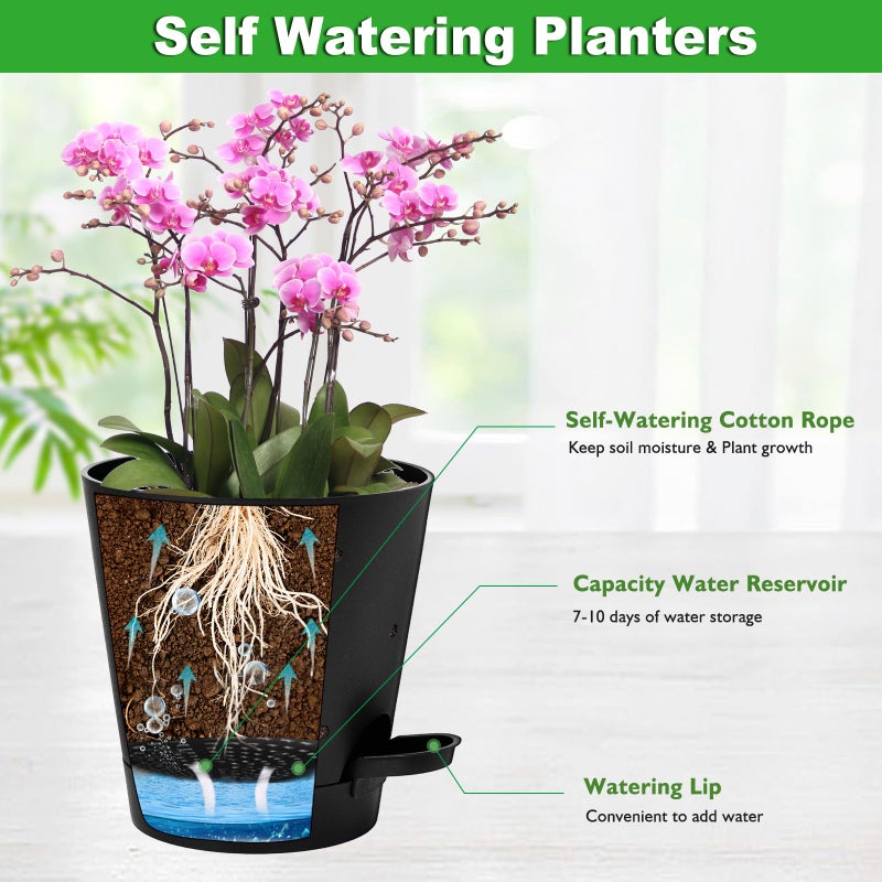 Vanslogreen Orchid Pots with Holes, 6 Inch Self Watering Orchid Pot 2 Pack Plastic Plant Pots for Orchid, Flower (Black) - Image 3