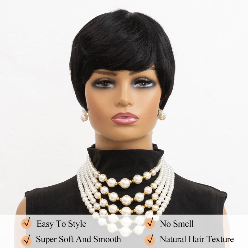MOONSHOW Short Wigs for Black Women Black Pixie Cut Wig Short Layered Pixie Wigs for Black Women Natural Straight Wig with Bangs Synthetic Straight 1B Wig - Image 2