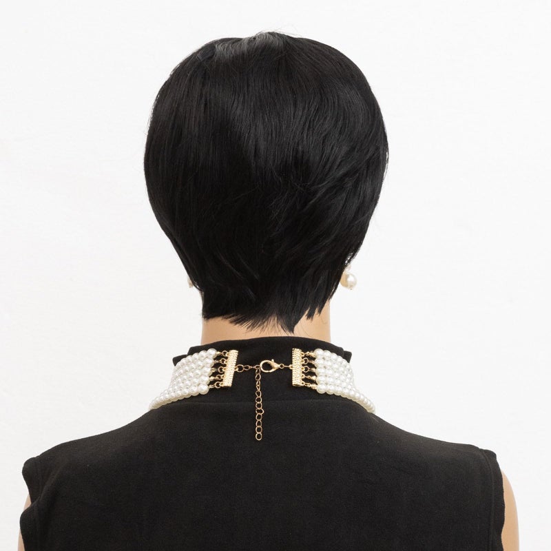 MOONSHOW Short Wigs for Black Women Black Pixie Cut Wig Short Layered Pixie Wigs for Black Women Natural Straight Wig with Bangs Synthetic Straight 1B Wig - Image 5