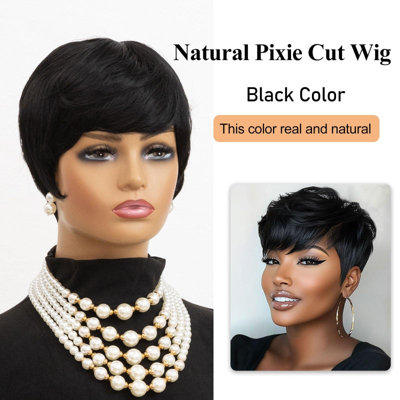 MOONSHOW Short Wigs for Black Women Black Pixie Cut Wig Short Layered Pixie Wigs for Black Women Natural Straight Wig with Bangs Synthetic Straight 1B Wig - Image 3