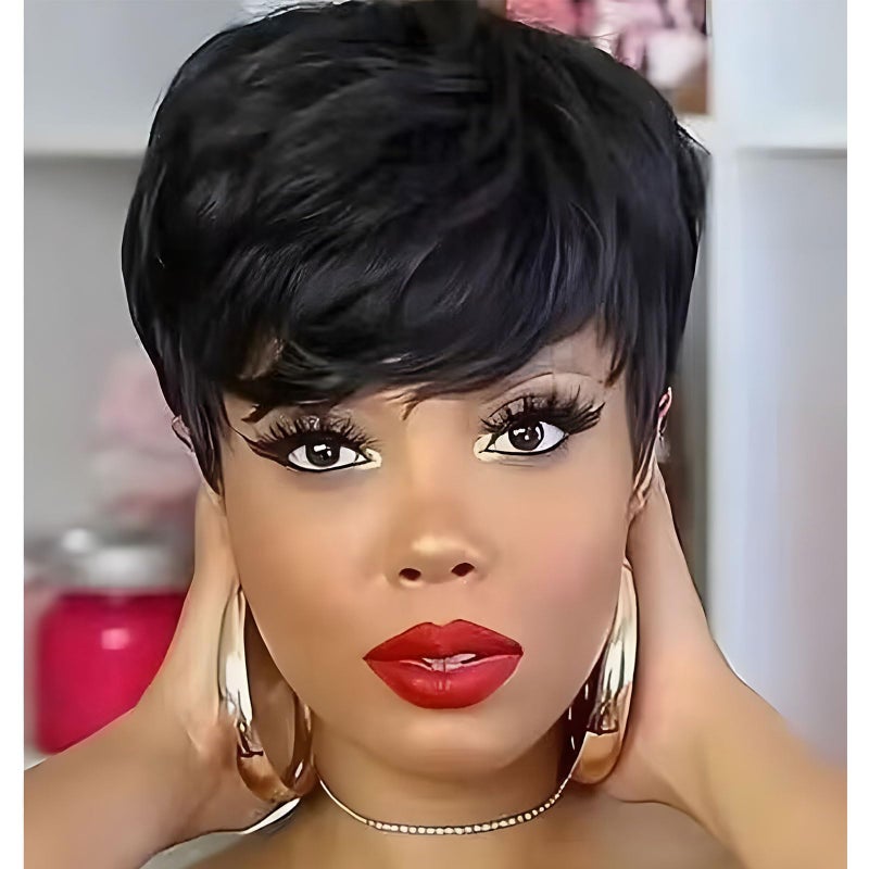 MOONSHOW Short Wigs for Black Women Black Pixie Cut Wig Short Layered Pixie Wigs for Black Women Natural Straight Wig with Bangs Synthetic Straight 1B Wig - Image 1