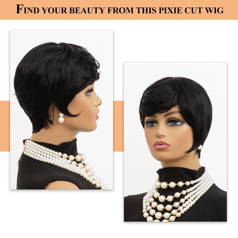 MOONSHOW Short Wigs for Black Women Black Pixie Cut Wig Short Layered Pixie Wigs for Black Women Natural Straight Wig with Bangs Synthetic Straight 1B Wig - Image 4