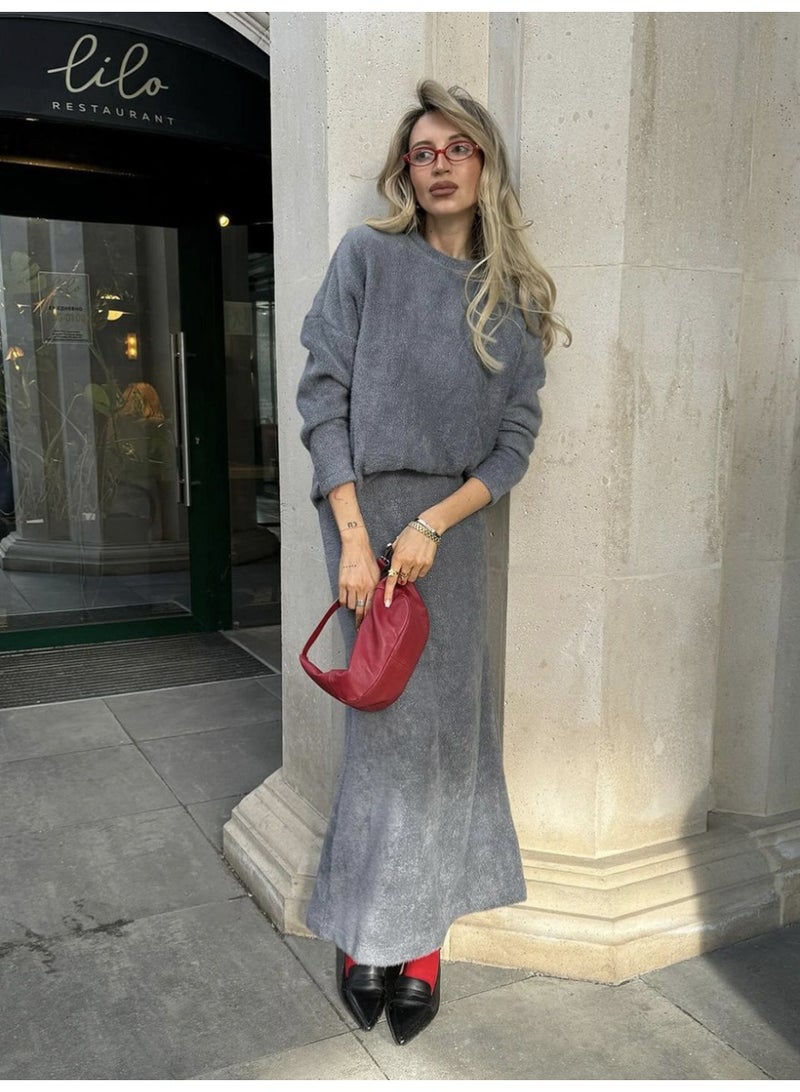 NIBEMINENT O-neck Loose Mohair Sweater Long Skirt Set Full Sleeve Solid COlor Pullover Mermaid Skirt Suits Fashion Street Outfits - Image 1