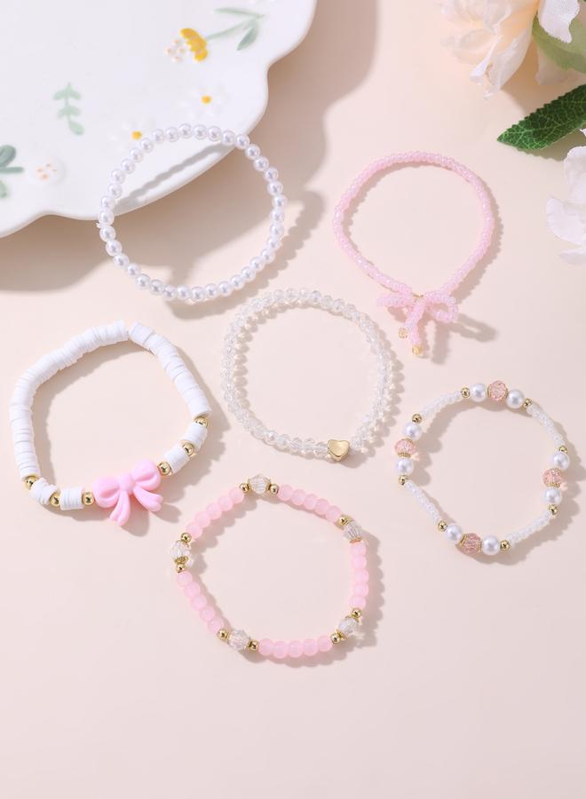 Take Two Pack of 6 - Pink Bow and Pearl Beaded Bracelet - Image 2