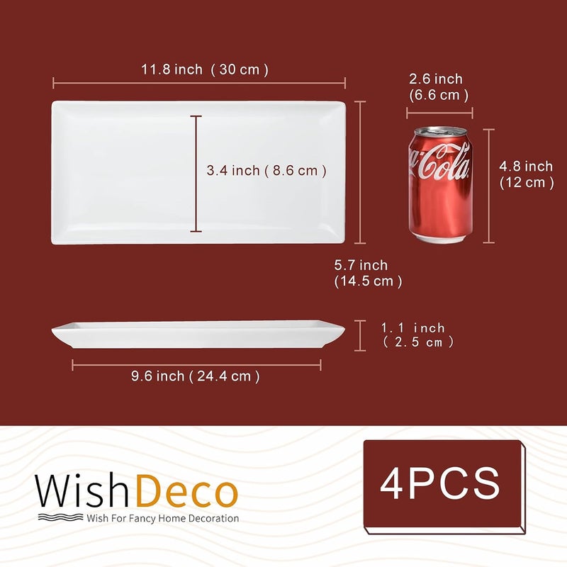WishDeco مجموعة أطباق خدمة من السيراميك مكونة من 4 قطع، صواني خدمة مستطيلة بأبعاد 30 × 14.5 سم، أطباق خدمة بيضاء، طبق طويل للكيك، الستيك، السوشي، الأطباق الجانبية. - Image 3