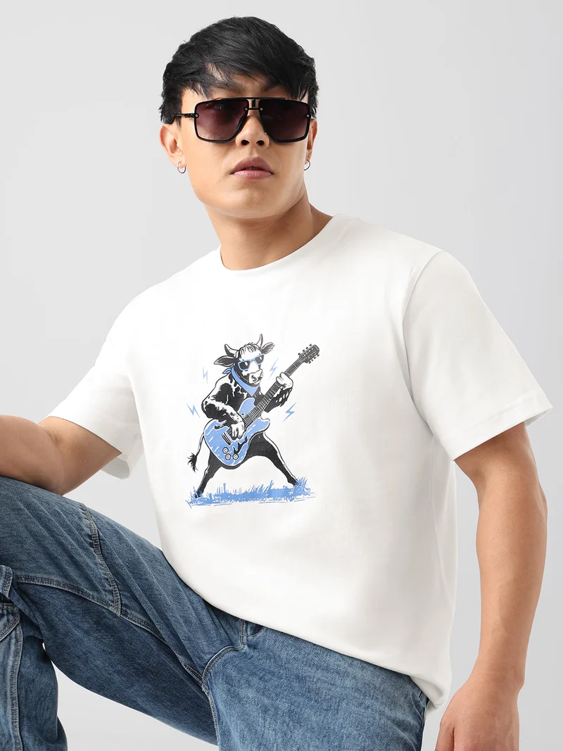 ذا سوليد ستور The Souled Store Relaxed-Fit T-Shirt: Rockstar Moo Men and Boys Short Sleeves Round Neck White Graphic Printed Comfortable Men Relaxed Fit T-Shirts
