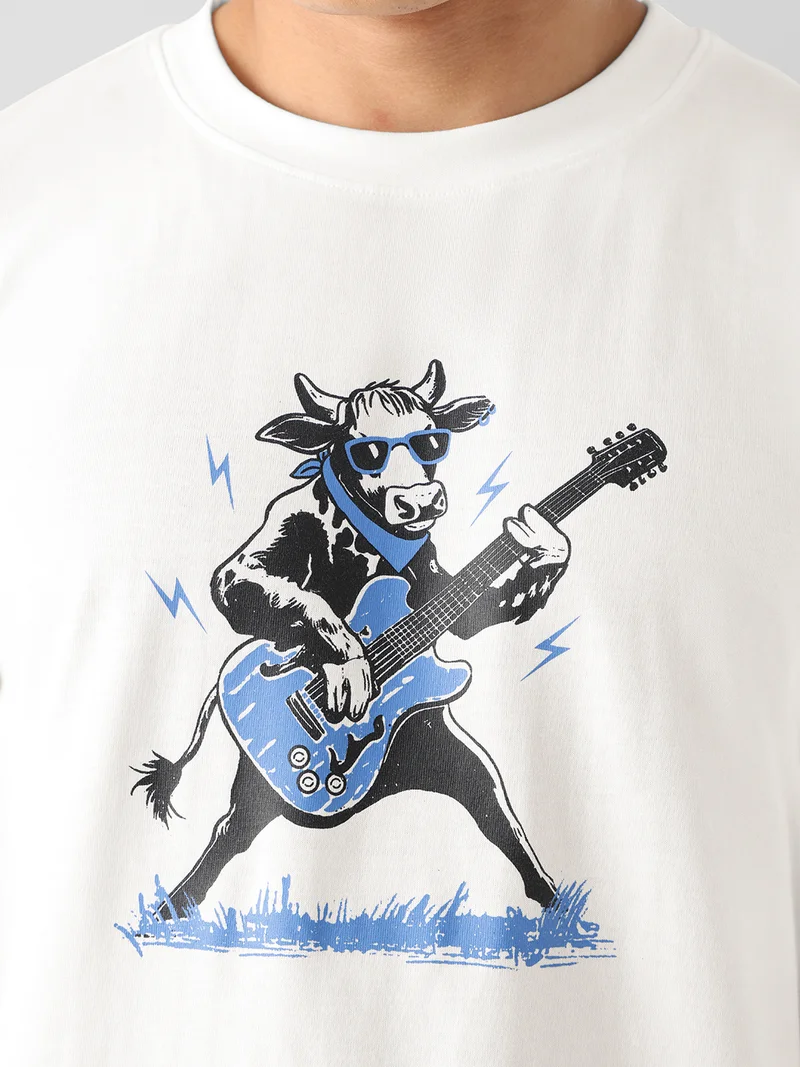 ذا سوليد ستور The Souled Store Relaxed-Fit T-Shirt: Rockstar Moo Men and Boys Short Sleeves Round Neck White Graphic Printed Comfortable Men Relaxed Fit T-Shirts