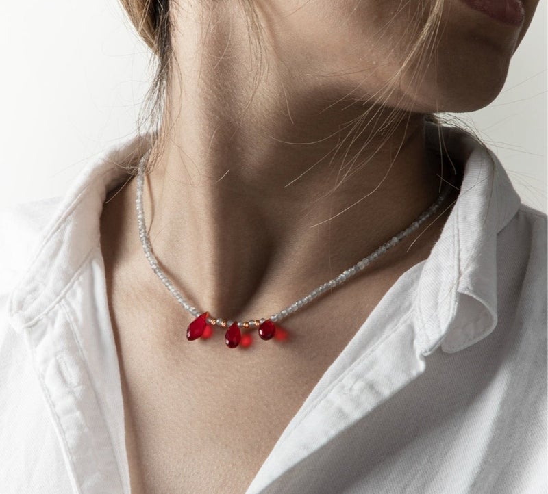 Minza “Labradorite & Red Agate” Women’s Necklace, 18K Gold Beads, Labradorite & Red Agate Drops, Handmade Gemstone Necklace for Women, Statement Beaded Necklace, Jewelry for Casual & Special Occasion. - Image 2