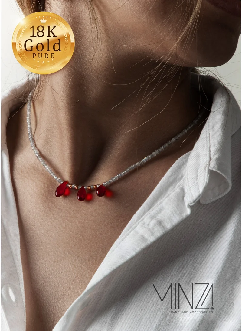 Minza “Labradorite & Red Agate” Women’s Necklace, 18K Gold Beads, Labradorite & Red Agate Drops, Handmade Gemstone Necklace for Women, Statement Beaded Necklace, Jewelry for Casual & Special Occasion.