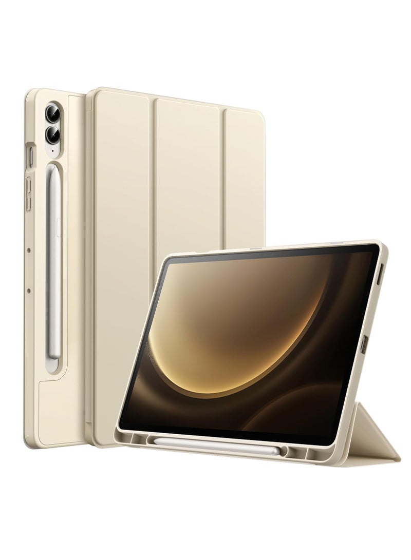 ELTRAZONE Case for Samsung Galaxy Tab S9 FE+ / S9 FE Plus 12.4-Inch – Soft TPU Tri-Fold Stand Protective Cover with S Pen Holder, Auto Wake/Sleep, S Pen Charging Support (Beige) - Image 1