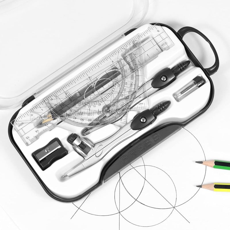 Vobou 10 Pieces Math Geometry Kit Set Student Supplies with Shatterproof Storage Box,Includes Rulers,Protractor,Compass,Eraser,Pencil Sharpener,Lead Refills,Pencil,for School and Drawings（Black） - Image 3