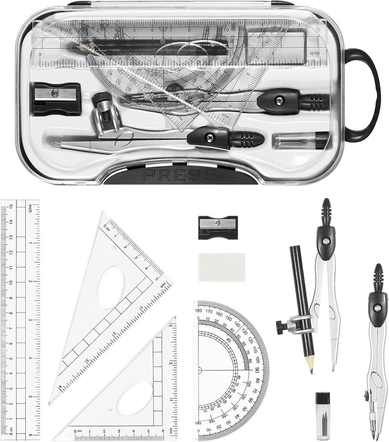 Vobou 10 Pieces Math Geometry Kit Set Student Supplies with Shatterproof Storage Box,Includes Rulers,Protractor,Compass,Eraser,Pencil Sharpener,Lead Refills,Pencil,for School and Drawings（Black） - Image 2