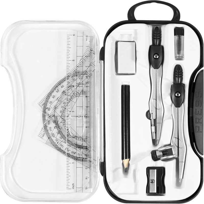 Vobou 10 Pieces Math Geometry Kit Set Student Supplies with Shatterproof Storage Box,Includes Rulers,Protractor,Compass,Eraser,Pencil Sharpener,Lead Refills,Pencil,for School and Drawings（Black） - Image 1