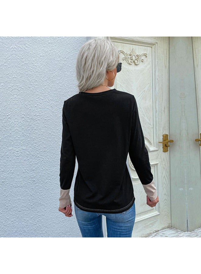 European And American Women's Clothing Loose Top Pullover Long Sleeve Patchwork V-neck T-shirt - Image 4