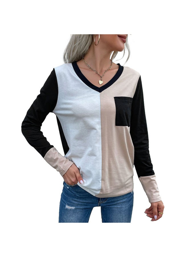 European And American Women's Clothing Loose Top Pullover Long Sleeve Patchwork V-neck T-shirt - Image 5