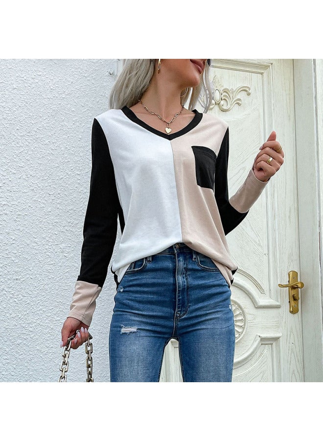 European And American Women's Clothing Loose Top Pullover Long Sleeve Patchwork V-neck T-shirt - Image 2