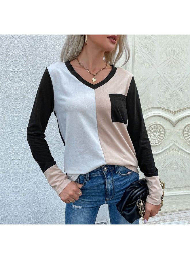 European And American Women's Clothing Loose Top Pullover Long Sleeve Patchwork V-neck T-shirt - Image 1