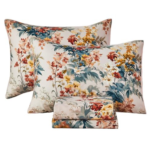 URBONUR 100% Cotton Sheets Set Queen Size, 4 Pieces, Soft & Breathable Sateen Weave Bedding, Wildflowers Floral Bed Sheet, Silky Smooth Deep Pocket - Image 1