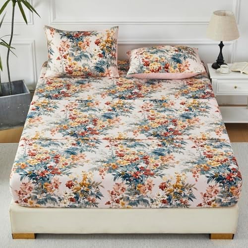 URBONUR 100% Cotton Sheets Set Queen Size, 4 Pieces, Soft & Breathable Sateen Weave Bedding, Wildflowers Floral Bed Sheet, Silky Smooth Deep Pocket - Image 2