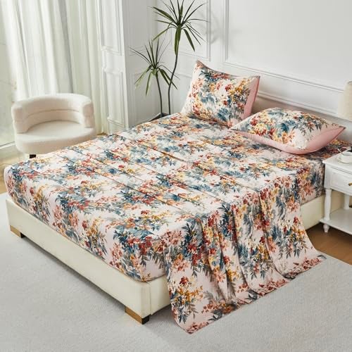 URBONUR 100% Cotton Sheets Set Queen Size, 4 Pieces, Soft & Breathable Sateen Weave Bedding, Wildflowers Floral Bed Sheet, Silky Smooth Deep Pocket - Image 3