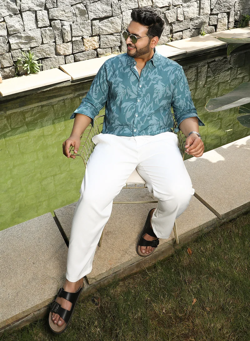 Instafab Plus Instafab Plus Men's Sea Green Florique Imprint Shirt For Casual Wear | Spread Collar | Long Cuffed Sleeves | Button Closure | Plus Size Shirt Crafted With Comfort Fit For Everyday Wear
