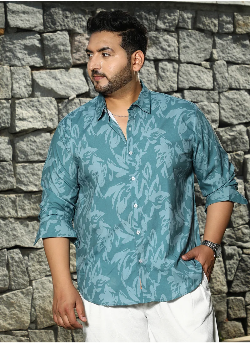 Instafab Plus Instafab Plus Men's Sea Green Florique Imprint Shirt For Casual Wear | Spread Collar | Long Cuffed Sleeves | Button Closure | Plus Size Shirt Crafted With Comfort Fit For Everyday Wear
